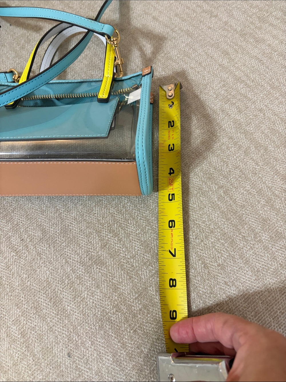 Tory Burch Clear Mini Tote in Aqua with Yellow Handles - Picture 6 of 6